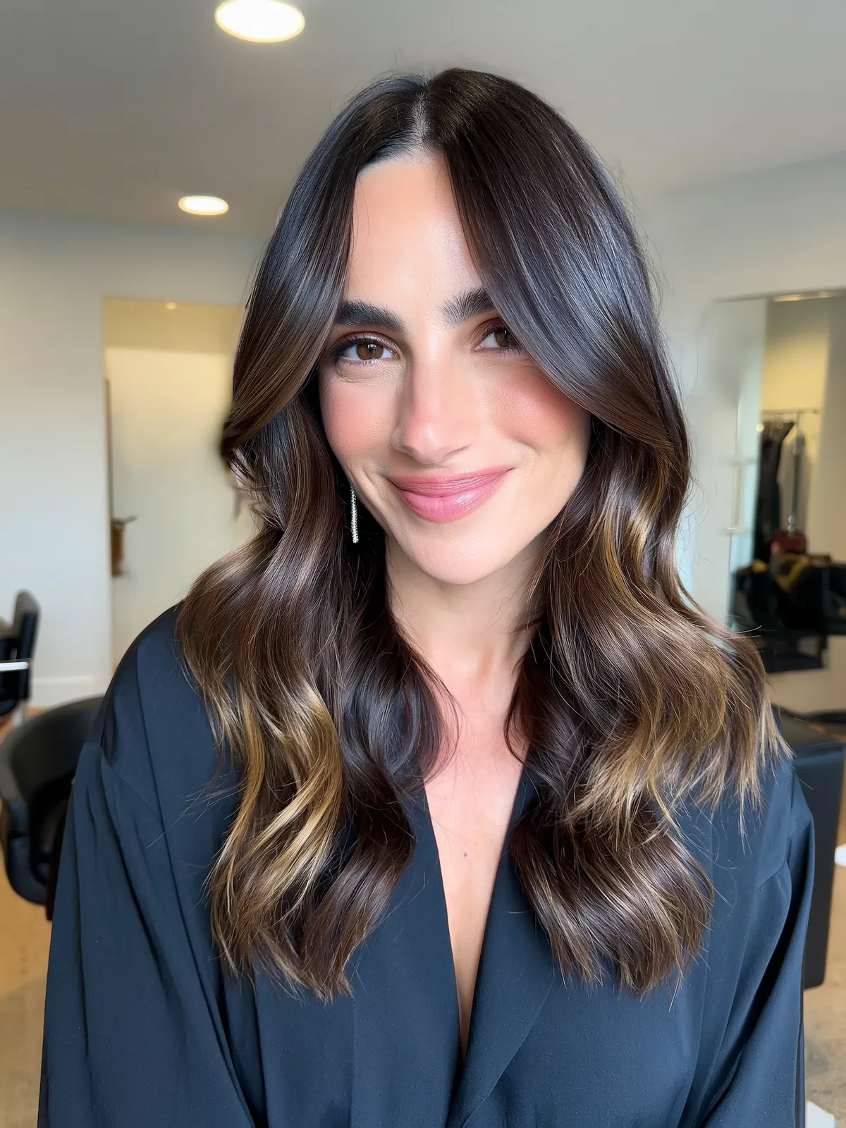 Rich Espresso Brown Long Layers with Subtle Caramel Balayage